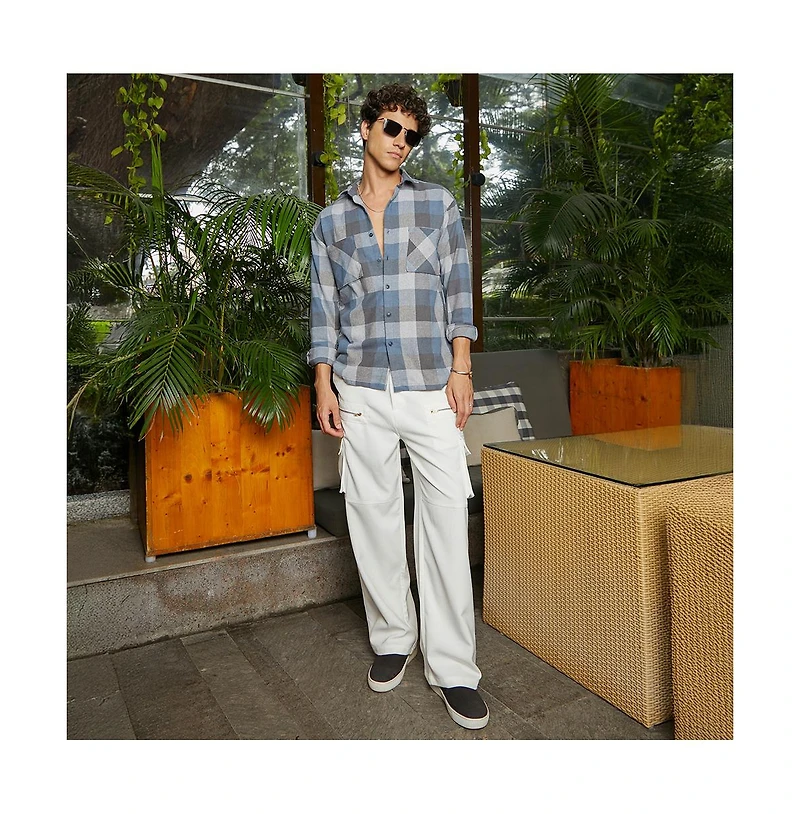Campus Sutra Men's Icy Blue & Ash Grey Checkered Utility Shacket