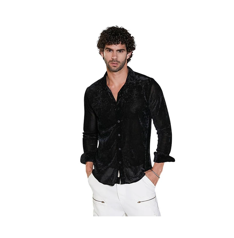 Campus Sutra Men's Onyx Black Solid Velvet Shirt