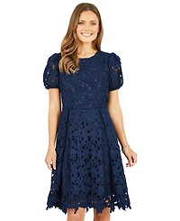 Yumi Women's Lace Skater Dress With Puff Sleeves
