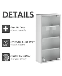 Airsurfer Wall Mounted Medicine Cabinet Locking Storage Cabinet with 4 Tier Shelves Stainless Steel Frame Glass Door