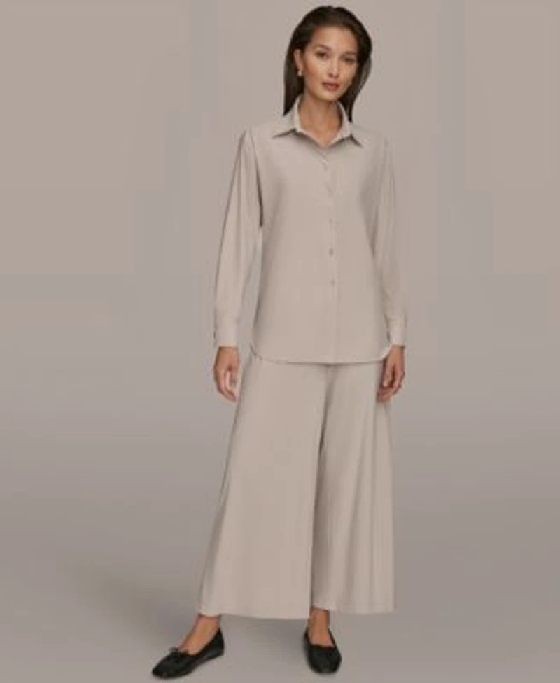 Donna Karan Weekend Womens 4 Way Stretch Knit Long Sleeve Button Down Shirt 4 Way Stretch Knit Mid Rise Ankle Pants