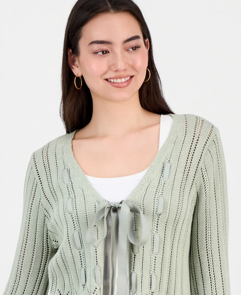 Hooked Up by Iot Juniors' Pointelle Tie-Front Cardigan