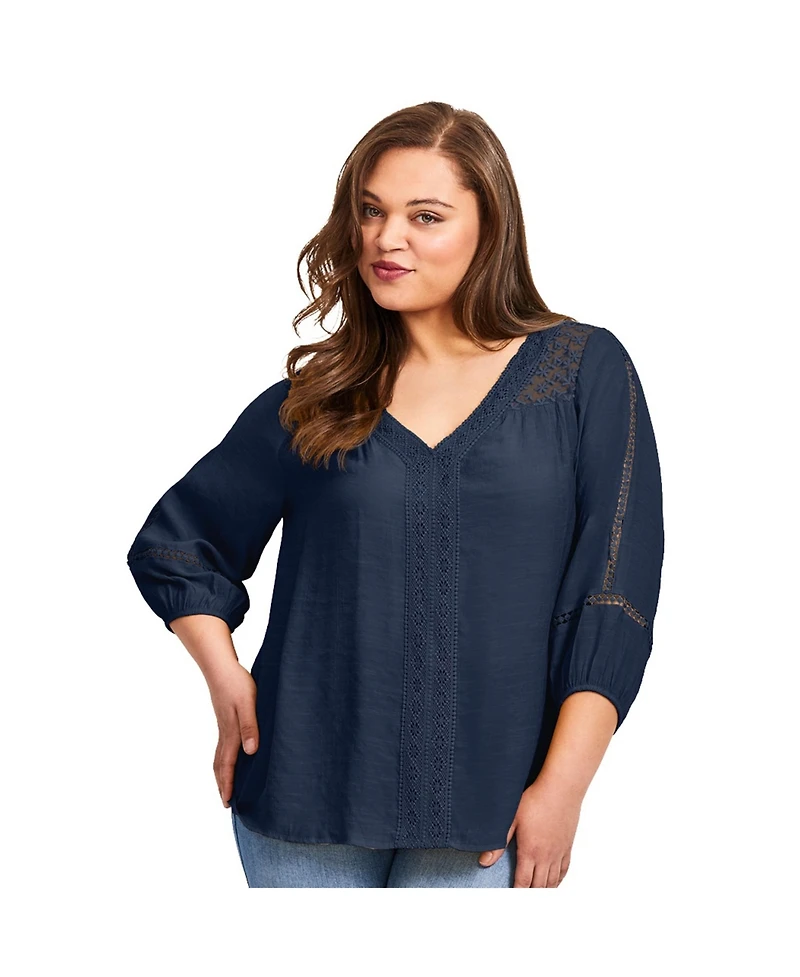 Avenue Women's Embroidered Lace Detail Peasant Blouse