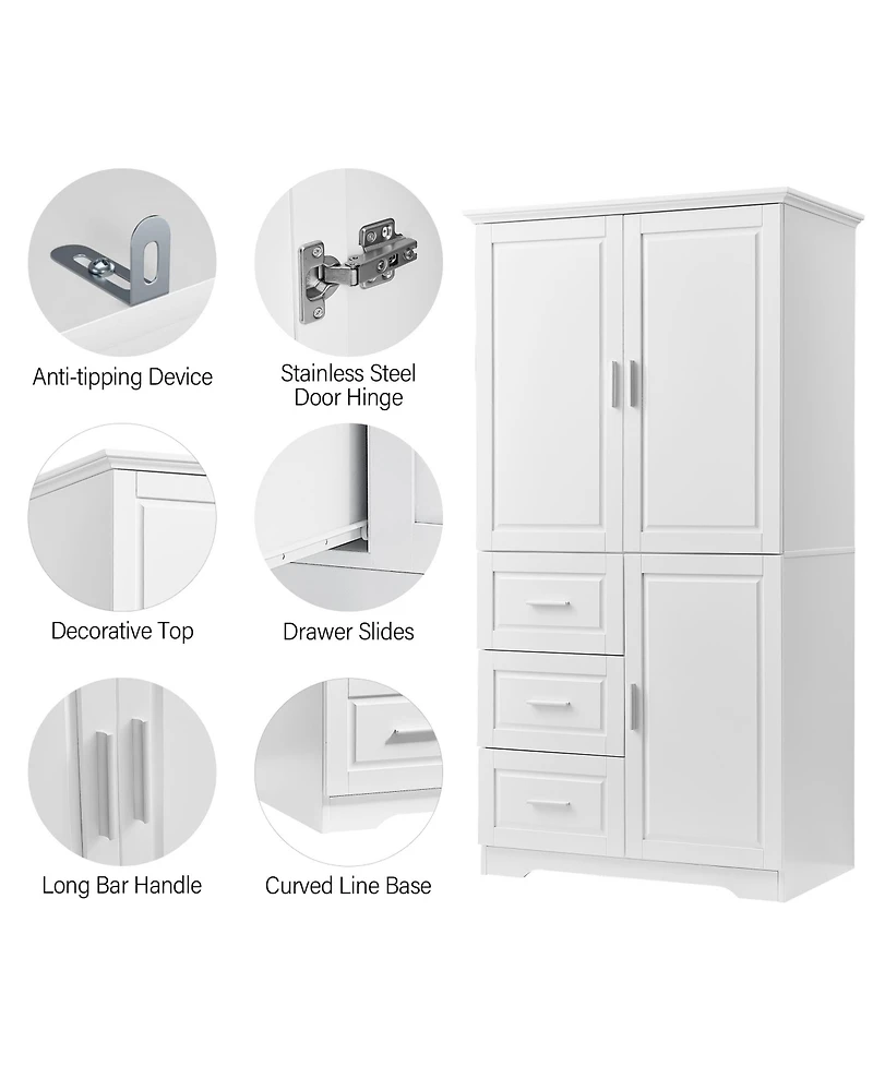 Airsurfer Tall and Wide Storage Cabinet with Doors and Three Drawers White Freestanding Organizer for Bathroom Office and Living Room