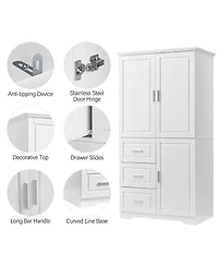 Airsurfer Tall and Wide Storage Cabinet with Doors and Three Drawers White Freestanding Organizer for Bathroom Office and Living Room