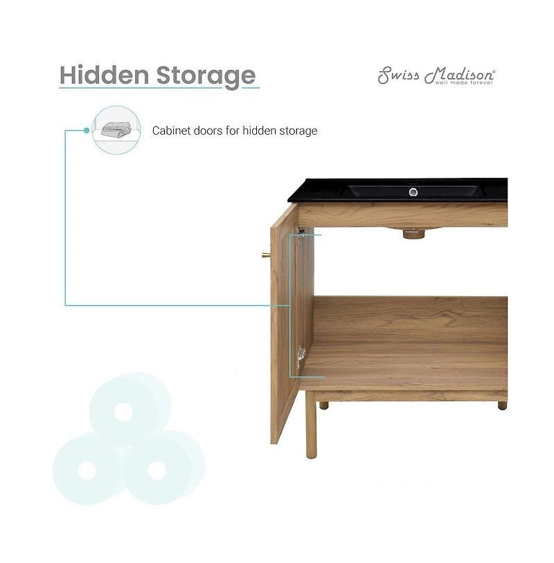 Swiss Madison Classe 30" Freestanding Bathroom Vanity in Golden Oak with Black Sink Top