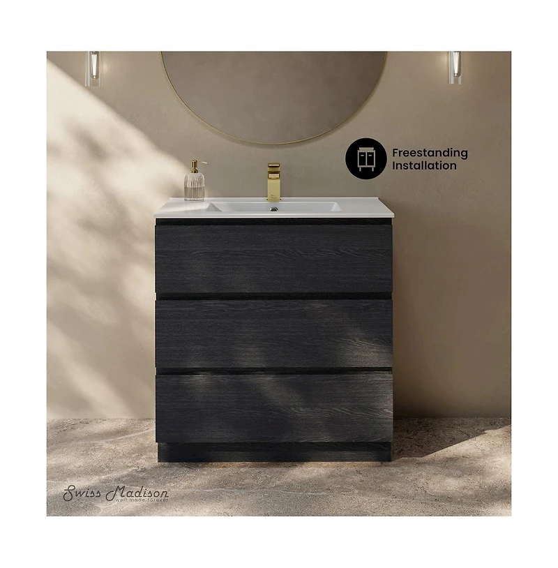 Swiss Madison Liberte 30" Freestanding Bathroom Vanity in Black Oak with Sink Top