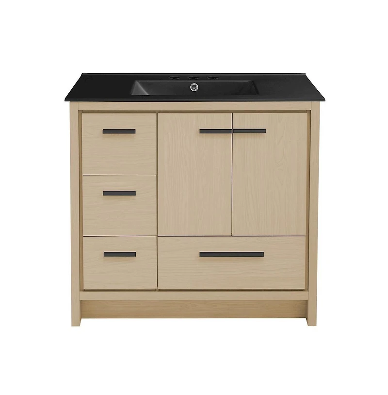 Swiss Madison Virage 36 in. Brown Oak Bathroom Vanity With Black, 3-Hole Ceramic Sink Top