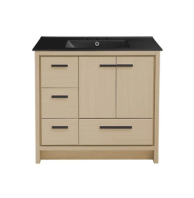 Swiss Madison Virage 36 in. Brown Oak Bathroom Vanity With Black, 3-Hole Ceramic Sink Top
