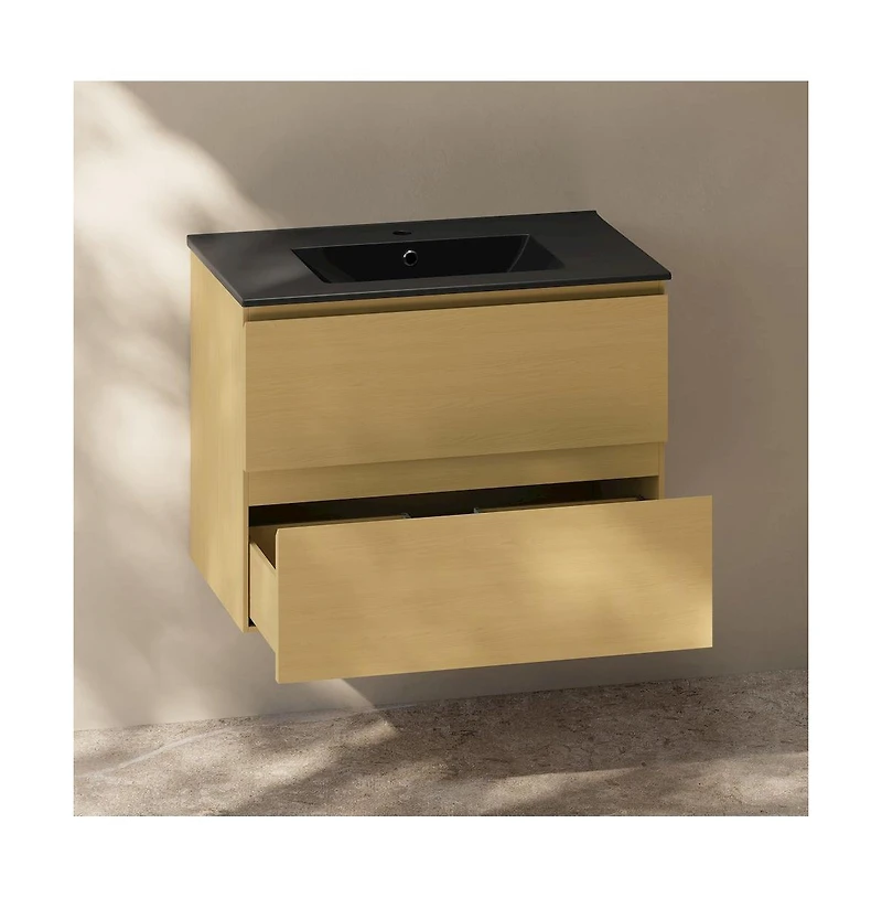 Swiss MadisonLiberte 30" Wall-Mounted Bathroom Vanity in Natural Oak with Black Sink Top