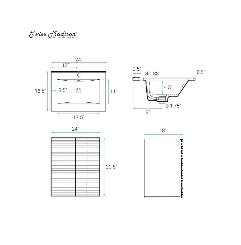 Swiss MadisonCascade 24" Wall-Mounted Bathroom Vanity in Brown Oak with Sink Top