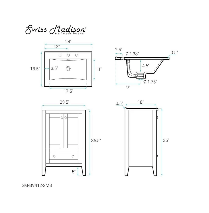 Swiss MadisonCannes 24 in. White Bathroom Vanity With Black, 3-Hole Ceramic Sink Top