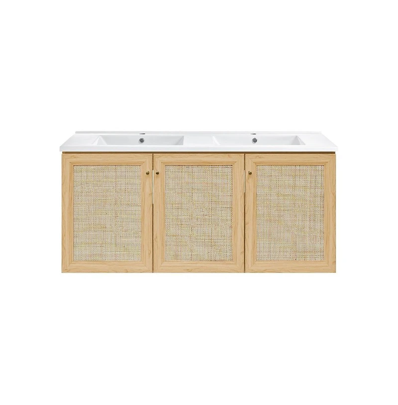 Swiss Madison 48" Wall-Mounted Bathroom Vanity in Natural Oak with Double Basin Sink Top