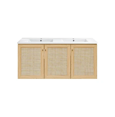 Swiss Madison 48" Wall-Mounted Bathroom Vanity in Natural Oak with Double Basin Sink Top