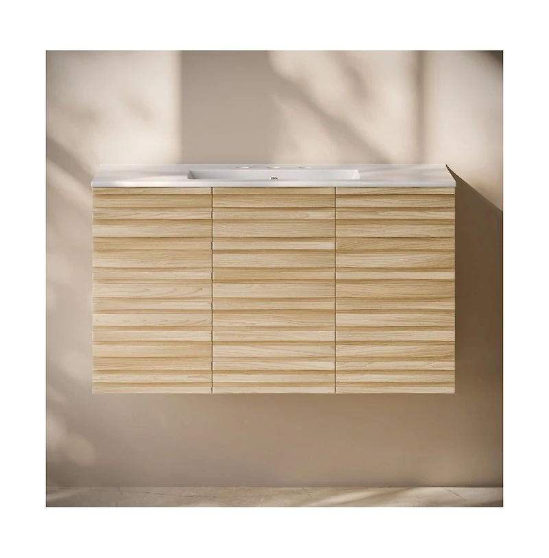 Swiss Madison 36"'Wall-Mounted Bathroom Vanity in Natural Oak with 3-Hole Widespread Sink Top