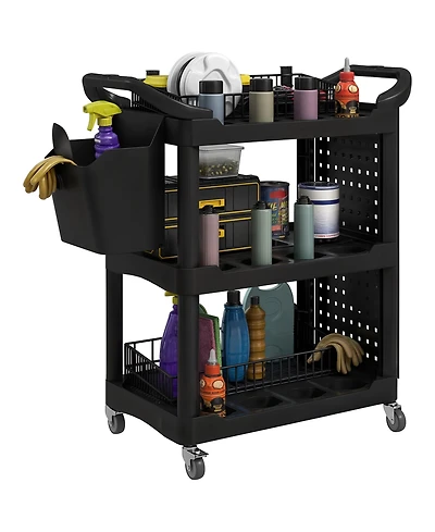 Homcom 3-Tier Rolling Tool Cart, Utility Cart with Side Shelf & Hook