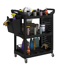 Homcom 3-Tier Rolling Tool Cart, Utility Cart with Side Shelf & Hook