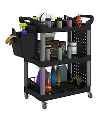 Homcom 3-Tier Rolling Tool Cart, Utility Cart with Side Shelf & Hook