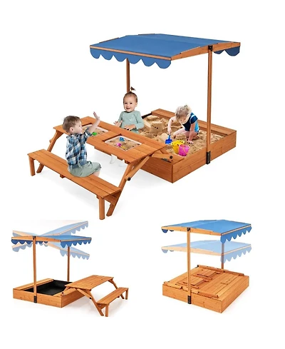 Kids Wooden Sand Box with Foldable Picnic Sensory Table and Bench