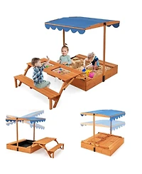 Kids Wooden Sand Box with Foldable Picnic Sensory Table and Bench