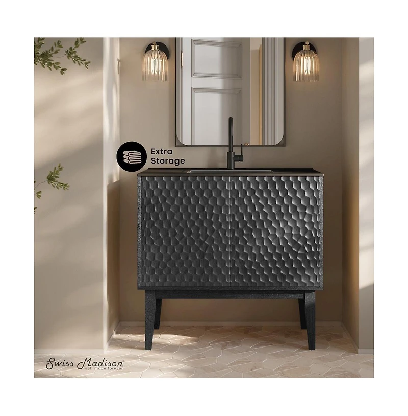 Swiss Madison Bosse 36" Freestanding Bathroom Vanity in Black Oak with Black Sink Top