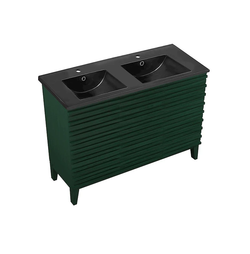 Swiss Madison 48" Freestanding Bathroom Vanity in Green Oak with Black Double Basin Sink Top