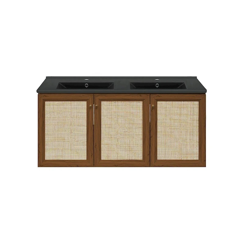 Swiss Madison48" Wall-Mounted Bathroom Vanity in Brown Oak with Black Double Basin Sink Top