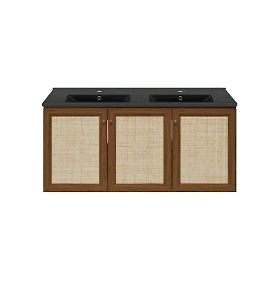 Swiss Madison48" Wall-Mounted Bathroom Vanity in Brown Oak with Black Double Basin Sink Top