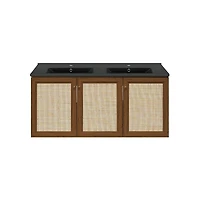Swiss Madison48" Wall-Mounted Bathroom Vanity in Brown Oak with Black Double Basin Sink Top