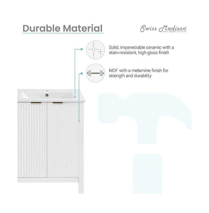 Swiss Madison Bastille 24" Freestanding Bathroom Vanity in White with Sink Top