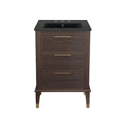 Swiss Madison Hugo 24 in. Brown Oak Bathroom Vanity With Black, 3-Hole Ceramic Sink Top