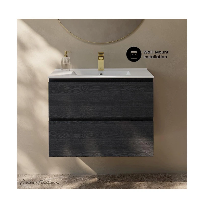 Liberte 30" Wall-Mounted Bathroom Vanity in Black Oak with Sink Top