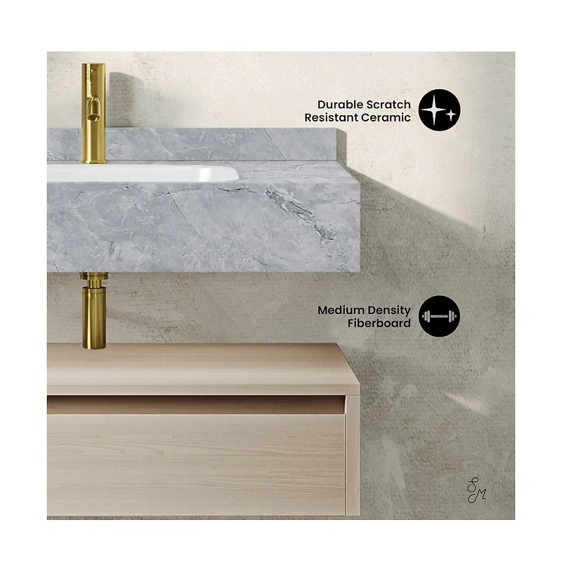 Swiss MadisonAvancer 36" Wall-Mounted Bathroom Vanity in White Oak with Storm Gray Sink Top