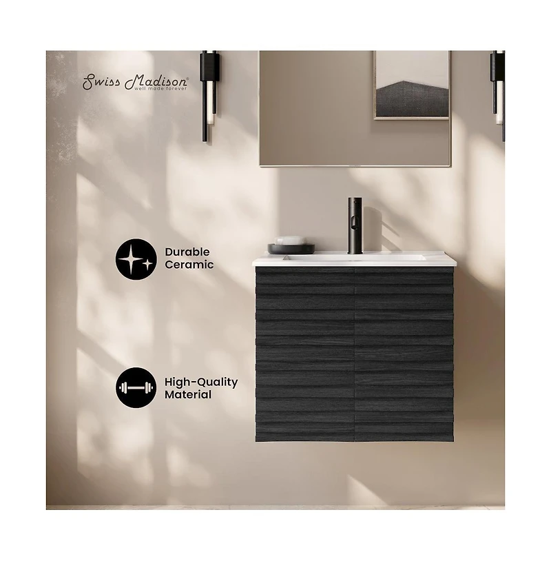 Swiss Madison Cascade 24" Wall-Mounted Bathroom Vanity in Black Oak with Sink Top