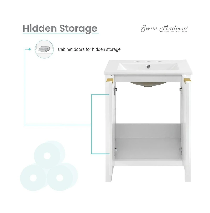 Swiss Madison Bastille 24 in. White Bathroom Vanity With White, 3-Hole Ceramic Sink Top