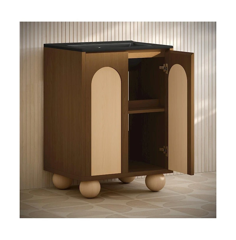 Swiss Madison24" Freestanding Bathroom Vanity in Brown Oak, Black 3-Hole Centerset Sink Top