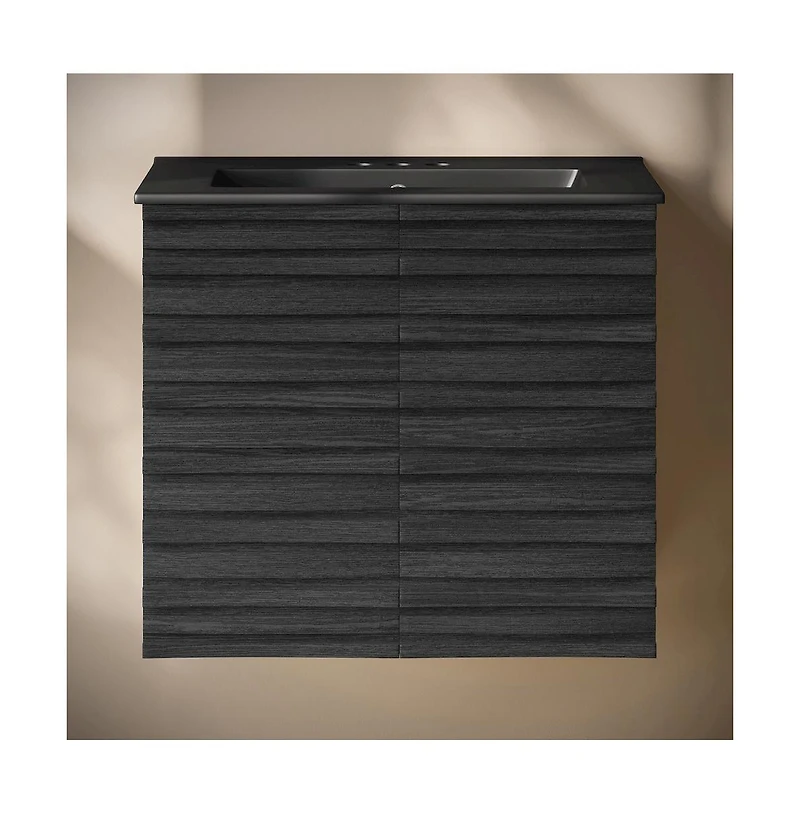 24" Wall-Mounted Bathroom Vanity in Black Oak, Black 3-Hole Centerset Sink Top