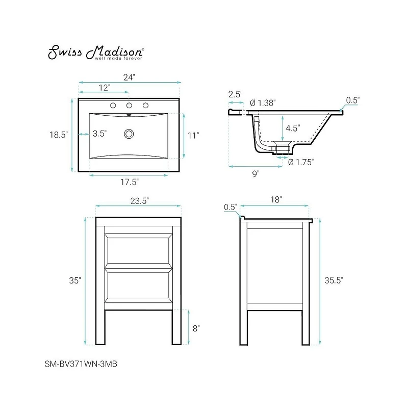 Swiss Madison Nadar 24 in. Brown Walnut Bathroom Vanity With Black, 3-Hole Ceramic Sink Top