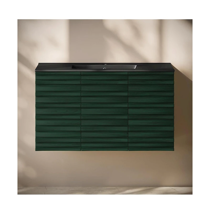 Swiss Madison Cascade 36 " Wall-Mounted Bathroom Vanity in Green Oak with Black Sink Top