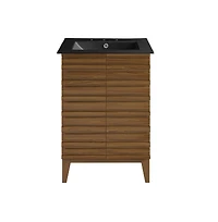 Cascade 24 in. Brown Oak Bathroom Vanity With Black, 3-Hole Ceramic Sink Top