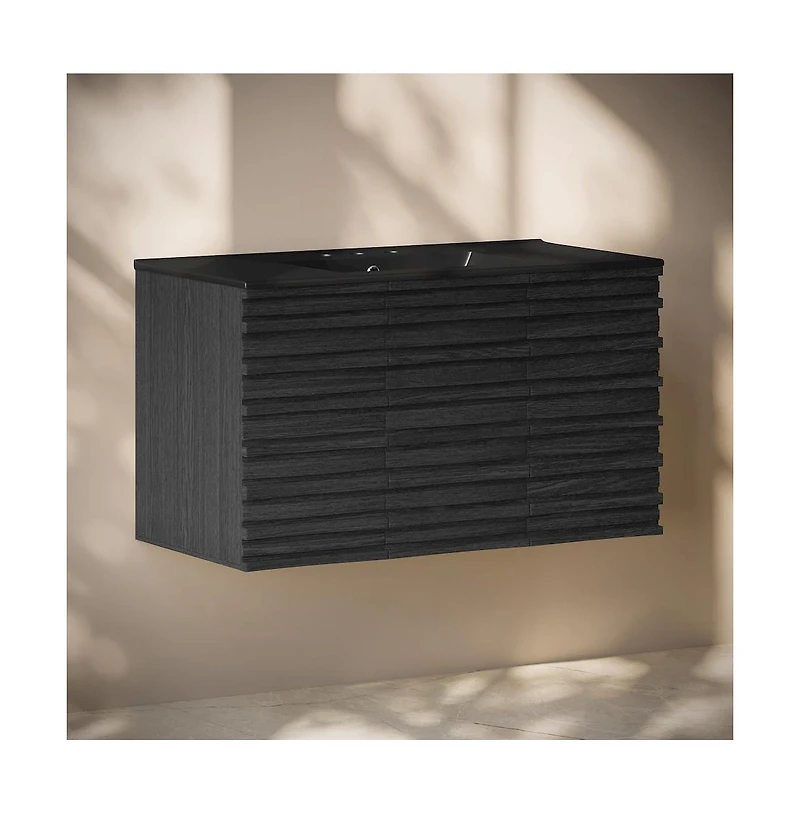 Swiss Madison 36" Wall-Mounted Bathroom Vanity in Black Oak, Black 3-Hole Widespread Sink Top