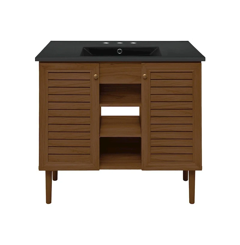 Swiss Madison 36" Freestanding Bathroom Vanity in Brown Oak, Black 3-Hole Widespread Sink Top