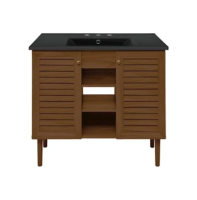 Swiss Madison 36" Freestanding Bathroom Vanity in Brown Oak, Black 3-Hole Widespread Sink Top