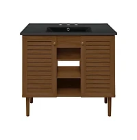 Swiss Madison 36" Freestanding Bathroom Vanity in Brown Oak, Black 3-Hole Widespread Sink Top
