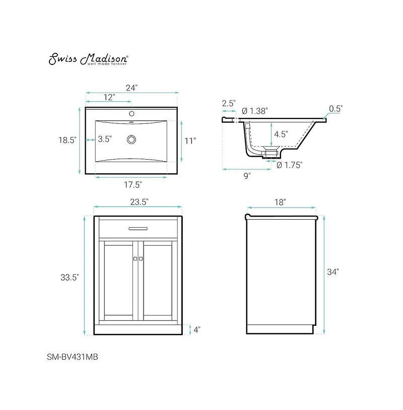 Swiss MadisonBurdon 24 in. Brown Bathroom Vanity With Black Ceramic Sink Top