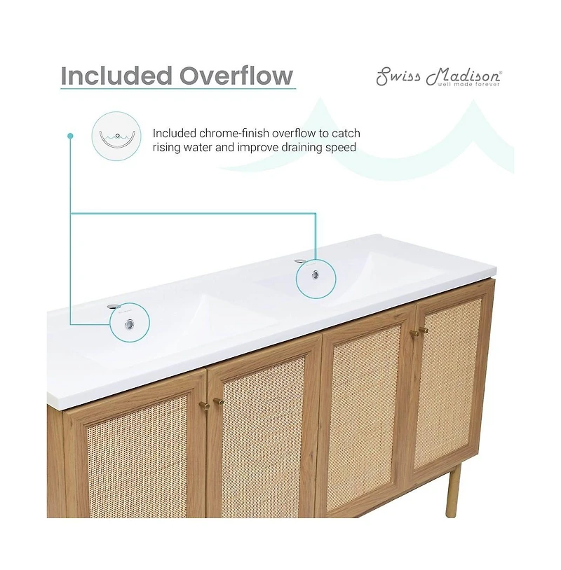 Swiss Madison Classe 60" Freestanding Bathroom Vanity in Golden Oak with Double Basin Sink Top