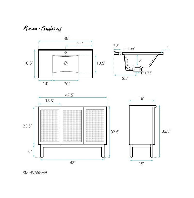 Swiss Madison Classe 48" Freestanding Bathroom Vanity in Golden Oak with Sink Top