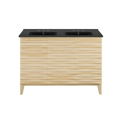 48 in. Natural Oak, Double Basin Bathroom Vanity, Black, 3-Hole Ceramic Sink Top