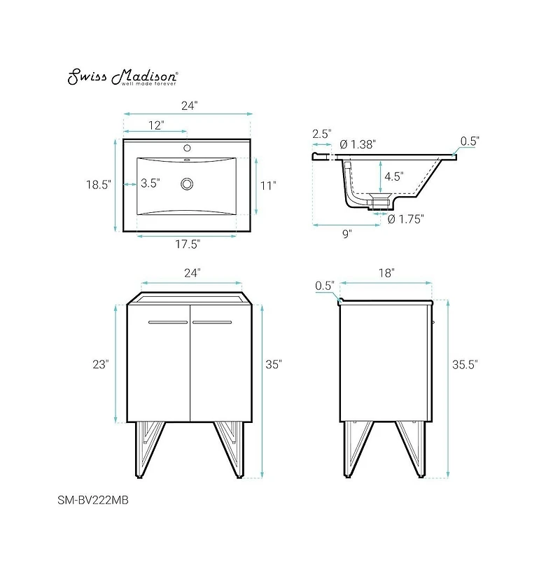 Swiss Madison Annecy 24 in. Black Walnut Bathroom Vanity With Black Ceramic Sink Top