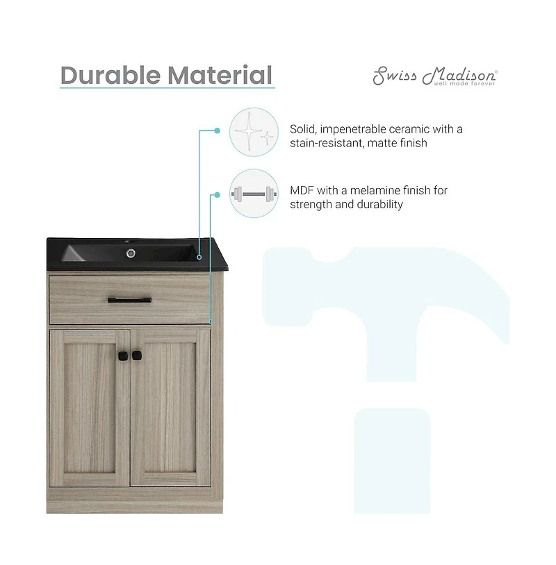 Swiss Madison Burdon 24 in. Brown Oak Bathroom Vanity With Black Ceramic Sink Top